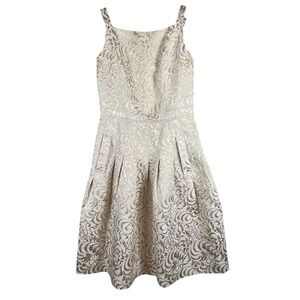 Jacquard Silk 6 Fit Flare Dress Champagne Gold Beige Floral Pockets Cocktail Bow